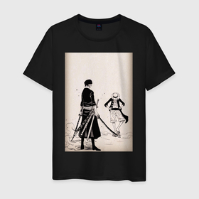 Мужская футболка хлопок с принтом Луффи Зоро Ророноа в Тюмени, 100% хлопок | прямой крой, круглый вырез горловины, длина до линии бедер, слегка спущенное плечо. | Тематика изображения на принте: 