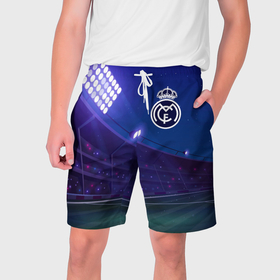 Мужские шорты 3D с принтом Real Madrid ночное поле в Новосибирске,  полиэстер 100% | прямой крой, два кармана без застежек по бокам. Мягкая трикотажная резинка на поясе, внутри которой широкие завязки. Длина чуть выше колен | Тематика изображения на принте: 
