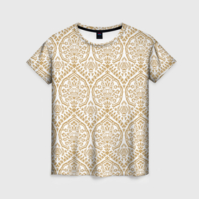 Женская футболка 3D с принтом Золотой дамасский узор , 100% полиэфир ( синтетическое хлопкоподобное полотно) | прямой крой, круглый вырез горловины, длина до линии бедер | 