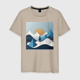 Мужская футболка хлопок с принтом Горный пейзаж   абстракция с горами в Курске, 100% хлопок | прямой крой, круглый вырез горловины, длина до линии бедер, слегка спущенное плечо. | Тематика изображения на принте: 