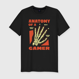 Мужская футболка хлопок Slim с принтом Anatomy of a gamer skeleton of a hand в Белгороде, 92% хлопок, 8% лайкра | приталенный силуэт, круглый вырез ворота, длина до линии бедра, короткий рукав | 