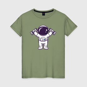 Женская футболка хлопок с принтом Космонавт с гантелями в Белгороде, 100% хлопок | прямой крой, круглый вырез горловины, длина до линии бедер, слегка спущенное плечо | 