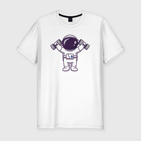 Мужская футболка хлопок Slim с принтом Космонавт с гантелями в Тюмени, 92% хлопок, 8% лайкра | приталенный силуэт, круглый вырез ворота, длина до линии бедра, короткий рукав | 