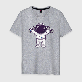 Мужская футболка хлопок с принтом Космонавт с гантелями в Кировске, 100% хлопок | прямой крой, круглый вырез горловины, длина до линии бедер, слегка спущенное плечо. | 