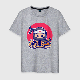 Мужская футболка хлопок с принтом Ninja sushi в Тюмени, 100% хлопок | прямой крой, круглый вырез горловины, длина до линии бедер, слегка спущенное плечо. | Тематика изображения на принте: 
