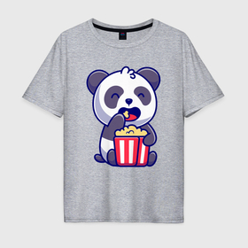 Мужская футболка хлопок Oversize с принтом Панда ест попкорн в Екатеринбурге, 100% хлопок | свободный крой, круглый ворот, “спинка” длиннее передней части | 