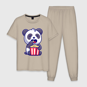 Мужская пижама хлопок с принтом Панда ест попкорн в Новосибирске, 100% хлопок | брюки и футболка прямого кроя, без карманов, на брюках мягкая резинка на поясе и по низу штанин
 | 