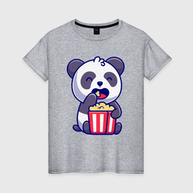 Женская футболка хлопок с принтом Панда ест попкорн , 100% хлопок | прямой крой, круглый вырез горловины, длина до линии бедер, слегка спущенное плечо | 