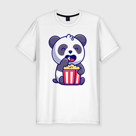Мужская футболка хлопок Slim с принтом Панда ест попкорн в Петрозаводске, 92% хлопок, 8% лайкра | приталенный силуэт, круглый вырез ворота, длина до линии бедра, короткий рукав | 