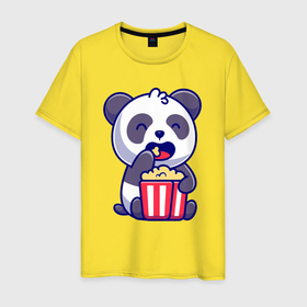 Мужская футболка хлопок с принтом Панда ест попкорн в Белгороде, 100% хлопок | прямой крой, круглый вырез горловины, длина до линии бедер, слегка спущенное плечо. | Тематика изображения на принте: 