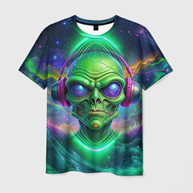Мужская футболка 3D с принтом Space DJ alien в Курске, 100% полиэфир | прямой крой, круглый вырез горловины, длина до линии бедер | 
