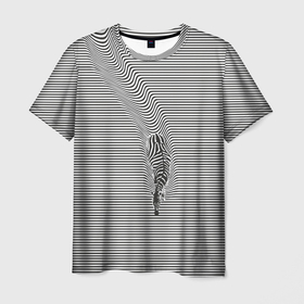 Мужская футболка 3D с принтом Зебра плывущая в полосках , 100% полиэфир | прямой крой, круглый вырез горловины, длина до линии бедер | 