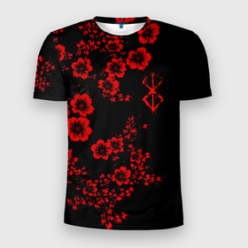 Мужская футболка 3D Slim с принтом Клеймо жертвы из аниме Берсерк   красные цветы в Кировске, 100% полиэстер с улучшенными характеристиками | приталенный силуэт, круглая горловина, широкие плечи, сужается к линии бедра | 