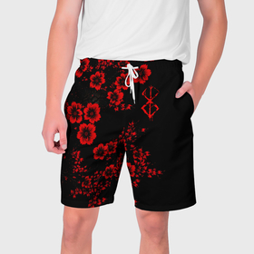 Мужские шорты 3D с принтом Клеймо жертвы из аниме Берсерк   красные цветы в Кировске,  полиэстер 100% | прямой крой, два кармана без застежек по бокам. Мягкая трикотажная резинка на поясе, внутри которой широкие завязки. Длина чуть выше колен | 