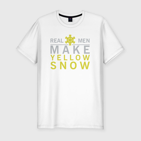Мужская футболка хлопок Slim с принтом Настоящие мужики делают жёлтый снег в Курске, 92% хлопок, 8% лайкра | приталенный силуэт, круглый вырез ворота, длина до линии бедра, короткий рукав | 