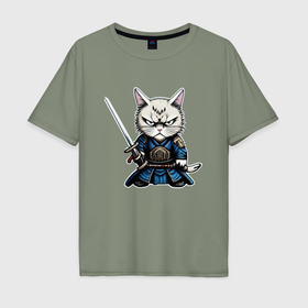 Мужская футболка хлопок Oversize с принтом Самурай кот в Кировске, 100% хлопок | свободный крой, круглый ворот, “спинка” длиннее передней части | 