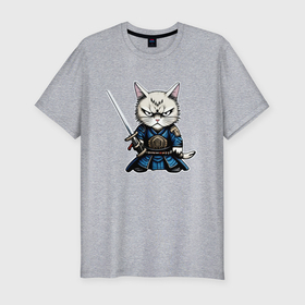 Мужская футболка хлопок Slim с принтом Самурай кот , 92% хлопок, 8% лайкра | приталенный силуэт, круглый вырез ворота, длина до линии бедра, короткий рукав | 
