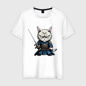 Мужская футболка хлопок с принтом Самурай кот в Кировске, 100% хлопок | прямой крой, круглый вырез горловины, длина до линии бедер, слегка спущенное плечо. | 