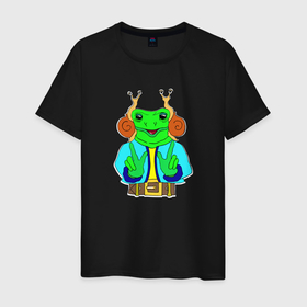 Мужская футболка хлопок с принтом Спокойный жаб в наушниках улитках в Белгороде, 100% хлопок | прямой крой, круглый вырез горловины, длина до линии бедер, слегка спущенное плечо. | 