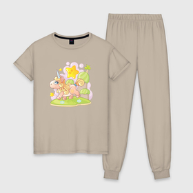 Женская пижама хлопок с принтом Забавный пони единорог в Тюмени, 100% хлопок | брюки и футболка прямого кроя, без карманов, на брюках мягкая резинка на поясе и по низу штанин | 