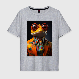 Мужская футболка хлопок Oversize с принтом Стильный лягушонок в костюме и галстуке в Кировске, 100% хлопок | свободный крой, круглый ворот, “спинка” длиннее передней части | 