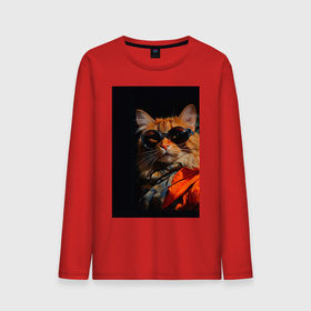 Мужской лонгслив хлопок с принтом Рыжий кот в очках и куртке на черном фоне в Петрозаводске, 100% хлопок |  | Тематика изображения на принте: 