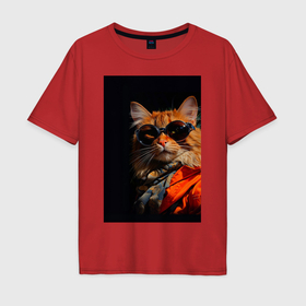 Мужская футболка хлопок Oversize с принтом Рыжий кот в очках и куртке на черном фоне в Петрозаводске, 100% хлопок | свободный крой, круглый ворот, “спинка” длиннее передней части | Тематика изображения на принте: 