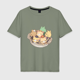 Мужская футболка хлопок Oversize с принтом Зоро Луффи коты в Курске, 100% хлопок | свободный крой, круглый ворот, “спинка” длиннее передней части | 