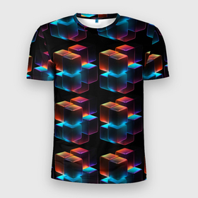 Мужская футболка 3D Slim с принтом Разноцветные неоновые кубы , 100% полиэстер с улучшенными характеристиками | приталенный силуэт, круглая горловина, широкие плечи, сужается к линии бедра | 