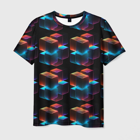 Мужская футболка 3D с принтом Разноцветные неоновые кубы в Петрозаводске, 100% полиэфир | прямой крой, круглый вырез горловины, длина до линии бедер | 