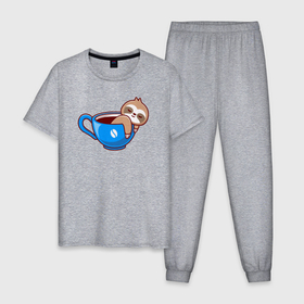 Мужская пижама хлопок с принтом Ленивец  в чашке кофе в Белгороде, 100% хлопок | брюки и футболка прямого кроя, без карманов, на брюках мягкая резинка на поясе и по низу штанин
 | 