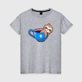 Женская футболка хлопок с принтом Ленивец  в чашке кофе в Курске, 100% хлопок | прямой крой, круглый вырез горловины, длина до линии бедер, слегка спущенное плечо | 