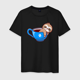 Мужская футболка хлопок с принтом Ленивец  в чашке кофе в Новосибирске, 100% хлопок | прямой крой, круглый вырез горловины, длина до линии бедер, слегка спущенное плечо. | Тематика изображения на принте: 