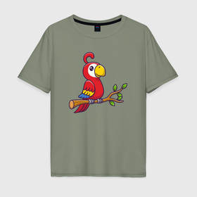 Мужская футболка хлопок Oversize с принтом Красный попугайчик в Новосибирске, 100% хлопок | свободный крой, круглый ворот, “спинка” длиннее передней части | 