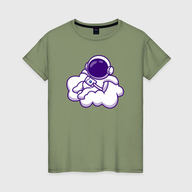 Женская футболка хлопок с принтом Космонавт на облачке , 100% хлопок | прямой крой, круглый вырез горловины, длина до линии бедер, слегка спущенное плечо | Тематика изображения на принте: 