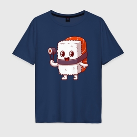 Мужская футболка хлопок Oversize с принтом Cute sushi в Курске, 100% хлопок | свободный крой, круглый ворот, “спинка” длиннее передней части | Тематика изображения на принте: 