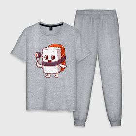 Мужская пижама хлопок с принтом Cute sushi в Курске, 100% хлопок | брюки и футболка прямого кроя, без карманов, на брюках мягкая резинка на поясе и по низу штанин
 | Тематика изображения на принте: 