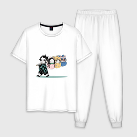 Мужская пижама хлопок с принтом Тандзиро Камадо Нэдзуко в Новосибирске, 100% хлопок | брюки и футболка прямого кроя, без карманов, на брюках мягкая резинка на поясе и по низу штанин
 | Тематика изображения на принте: 