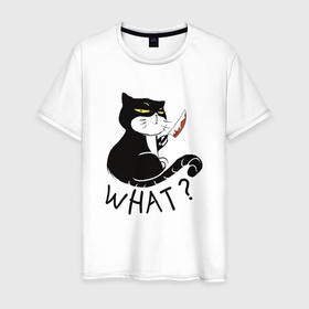 Мужская футболка хлопок с принтом What кот маньяк в Новосибирске, 100% хлопок | прямой крой, круглый вырез горловины, длина до линии бедер, слегка спущенное плечо. | Тематика изображения на принте: 