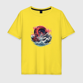 Мужская футболка хлопок Oversize с принтом Волны в японской стилистике в Санкт-Петербурге, 100% хлопок | свободный крой, круглый ворот, “спинка” длиннее передней части | 