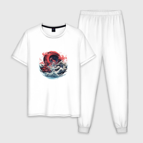 Мужская пижама хлопок с принтом Волны в японской стилистике в Санкт-Петербурге, 100% хлопок | брюки и футболка прямого кроя, без карманов, на брюках мягкая резинка на поясе и по низу штанин
 | 
