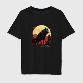 Мужская футболка хлопок Oversize с принтом Черный волк на горе в Курске, 100% хлопок | свободный крой, круглый ворот, “спинка” длиннее передней части | 