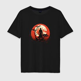 Мужская футболка хлопок Oversize с принтом Самурай на закате у дерева в Кировске, 100% хлопок | свободный крой, круглый ворот, “спинка” длиннее передней части | 