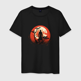 Мужская футболка хлопок с принтом Самурай на закате у дерева в Кировске, 100% хлопок | прямой крой, круглый вырез горловины, длина до линии бедер, слегка спущенное плечо. | 