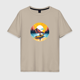 Мужская футболка хлопок Oversize с принтом Байдарка на закате в горах , 100% хлопок | свободный крой, круглый ворот, “спинка” длиннее передней части | Тематика изображения на принте: 