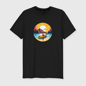 Мужская футболка хлопок Slim с принтом Байдарка на закате в горах в Курске, 92% хлопок, 8% лайкра | приталенный силуэт, круглый вырез ворота, длина до линии бедра, короткий рукав | Тематика изображения на принте: 