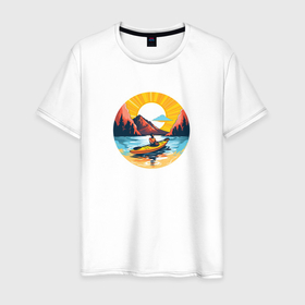 Мужская футболка хлопок с принтом Байдарка на закате в горах в Петрозаводске, 100% хлопок | прямой крой, круглый вырез горловины, длина до линии бедер, слегка спущенное плечо. | 