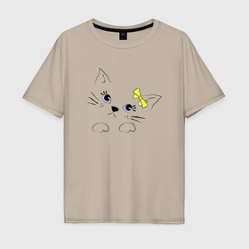 Мужская футболка хлопок Oversize с принтом Кошка с голубыми глазами из линий в Тюмени, 100% хлопок | свободный крой, круглый ворот, “спинка” длиннее передней части | 