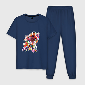 Мужская пижама хлопок с принтом Роналду с мячом   акварель в Екатеринбурге, 100% хлопок | брюки и футболка прямого кроя, без карманов, на брюках мягкая резинка на поясе и по низу штанин
 | 