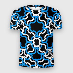 Мужская футболка 3D Slim с принтом Сине белые полосы на чёрном фоне в Новосибирске, 100% полиэстер с улучшенными характеристиками | приталенный силуэт, круглая горловина, широкие плечи, сужается к линии бедра | 
